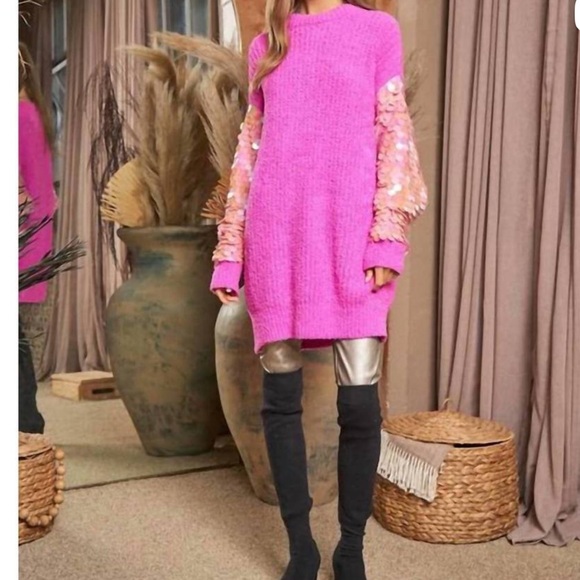 NWT DAVI & DANI Vibrant Pink Sweater Tunic with Sequin Sleeves - Picture 2 of 14